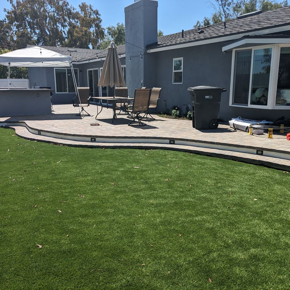 Curved lawn edge meeting a backyard patio